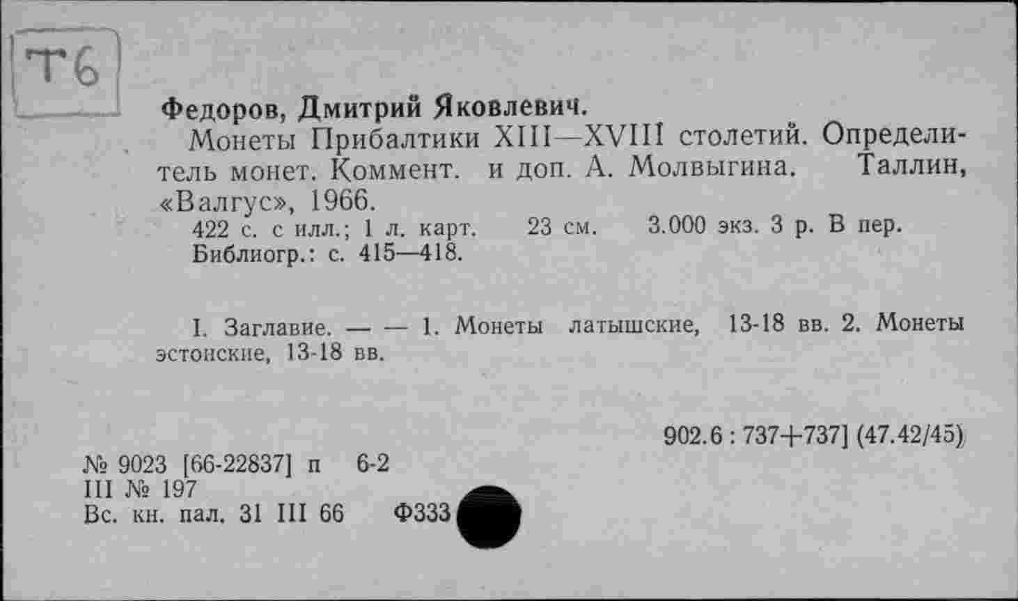 ﻿Федоров, Дмитрий Яковлевич.
Монеты Прибалтики XIII—XVIII столетий. Определитель монет. Коммент, и доп. А. Молвыгина. Галлин, «Валгус», 1966.
422 с. с илл.; 1 л. карт. 23 см. 3.000 экз. З р. В пер.
Библиогр.: с. 415—418.
I. Заглавие.-----1. Монеты латышские, 13-18 вв. 2. Монеты
эстонские, 13-18 вв.
9023 [66-22837] п 6-2
III № 197
Вс. кн. пал. 31 III 66 ФЗЗЗ
902.6 : 737+737] (47.42/45}